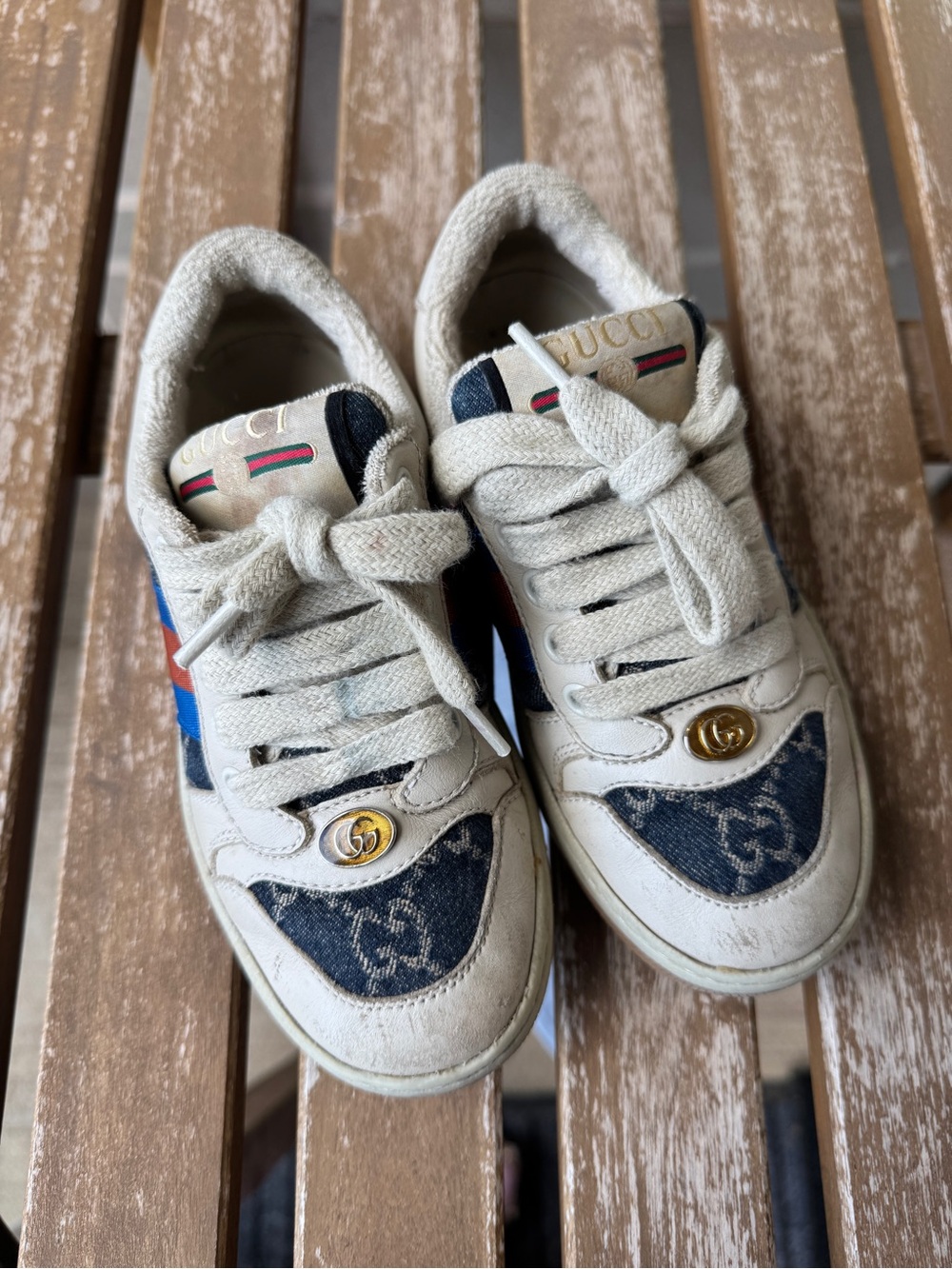 Gucci Kids 29 Denim Screeners Low Distressed Casual Sneakers